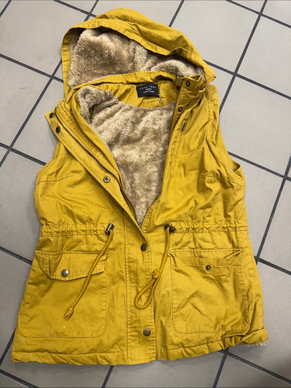 Love Tree Yellow Hooded Faux-Fur Lined Utility Vest